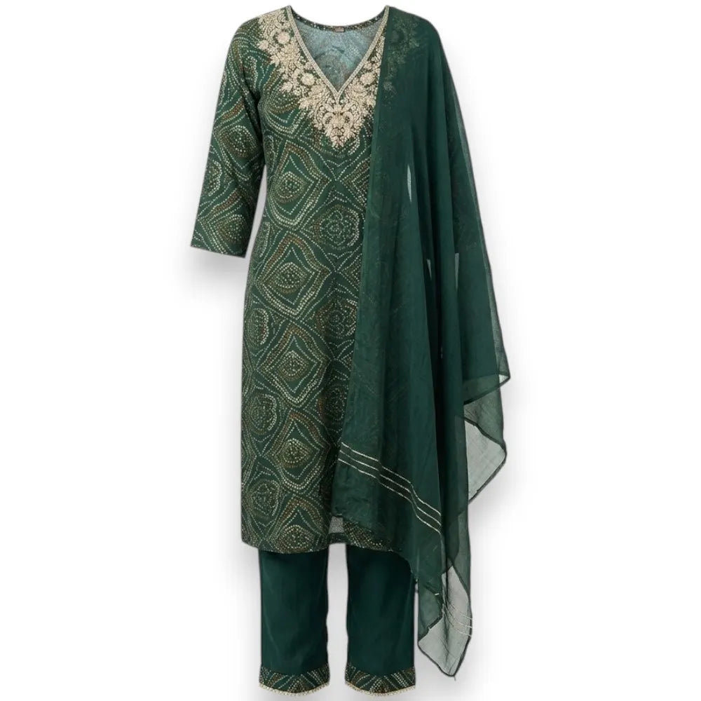 Green Bandhani Printed Kurta Set - Size 36