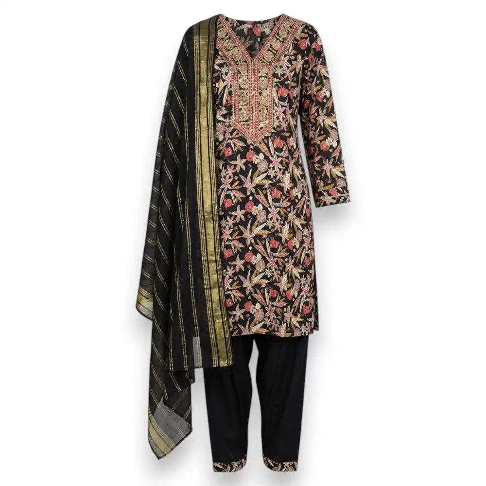 Black Floral Printed Cotton Kurthi Set