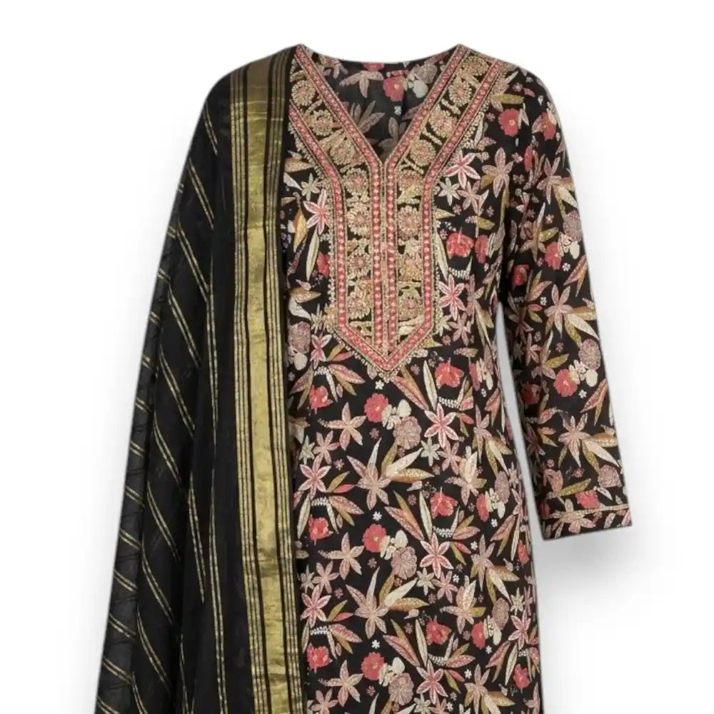 Black Floral Printed Cotton Kurthi Set