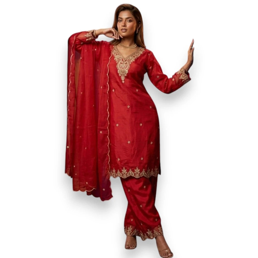 Royal Red 3-Piece Silk Kurthi Set
