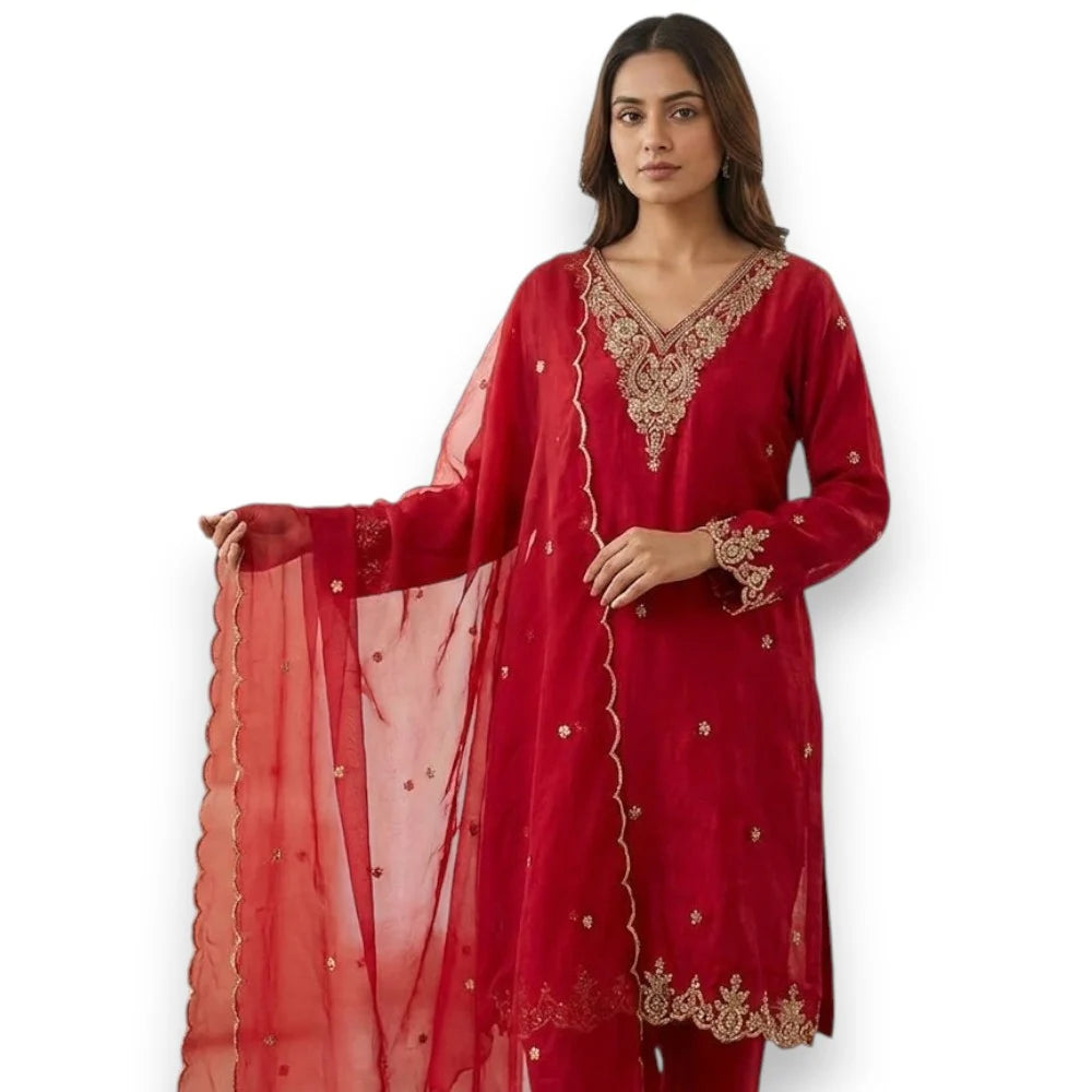 Royal Red 3-Piece Silk Kurthi Set