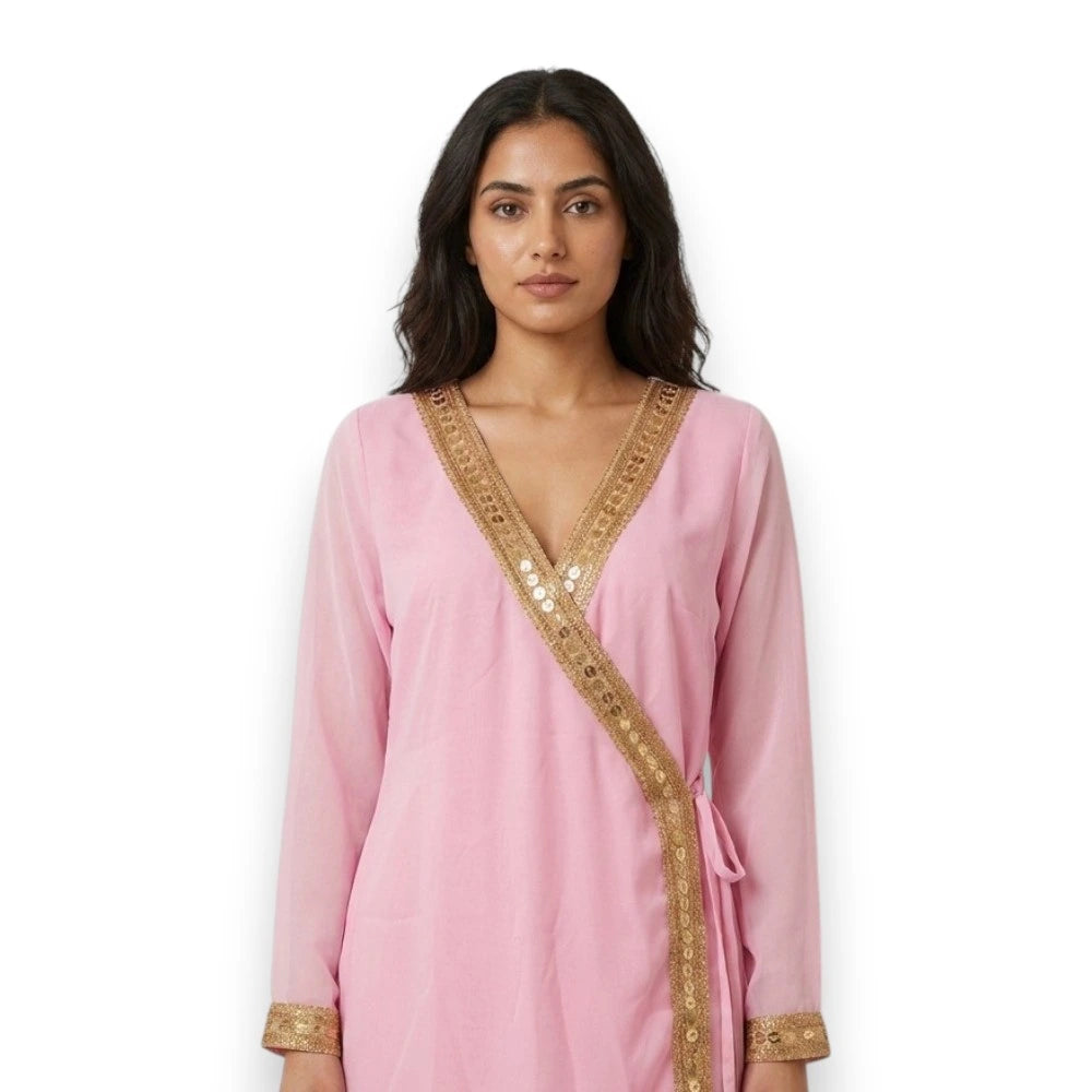 Short Pink Kurti with Gold Lace Border