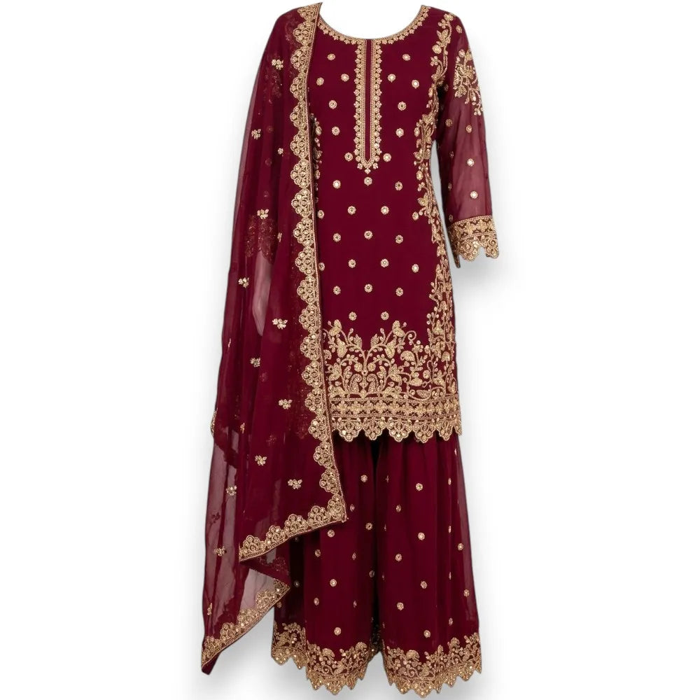 Maroon Pakistani Heavy Work 3-Piece Kurthi Set