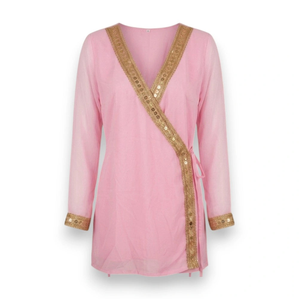 Short Pink Kurti with Gold Lace Border