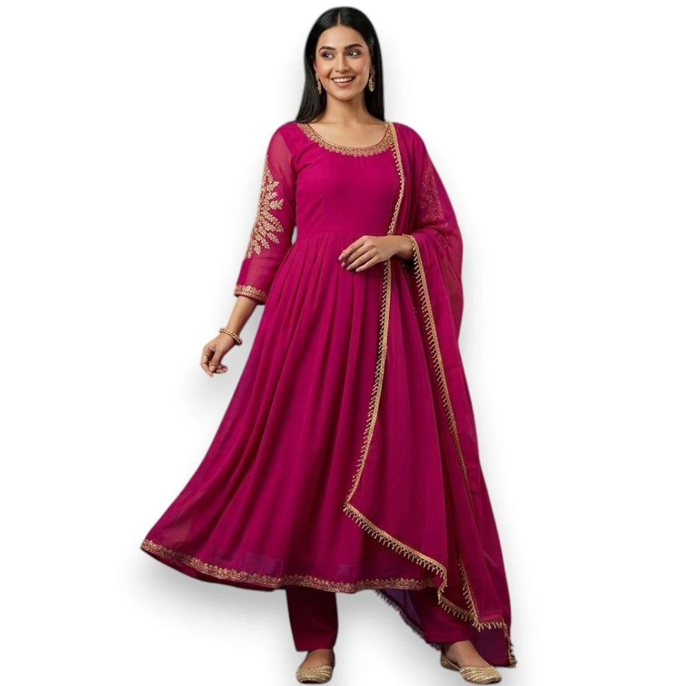 Red Embroidered Georgette Anarkali Gown Set