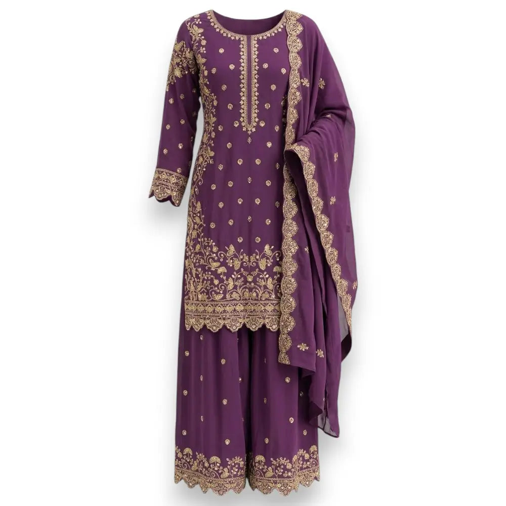 Violet Pakistani Heavy Work 3-Piece Kurthi Set