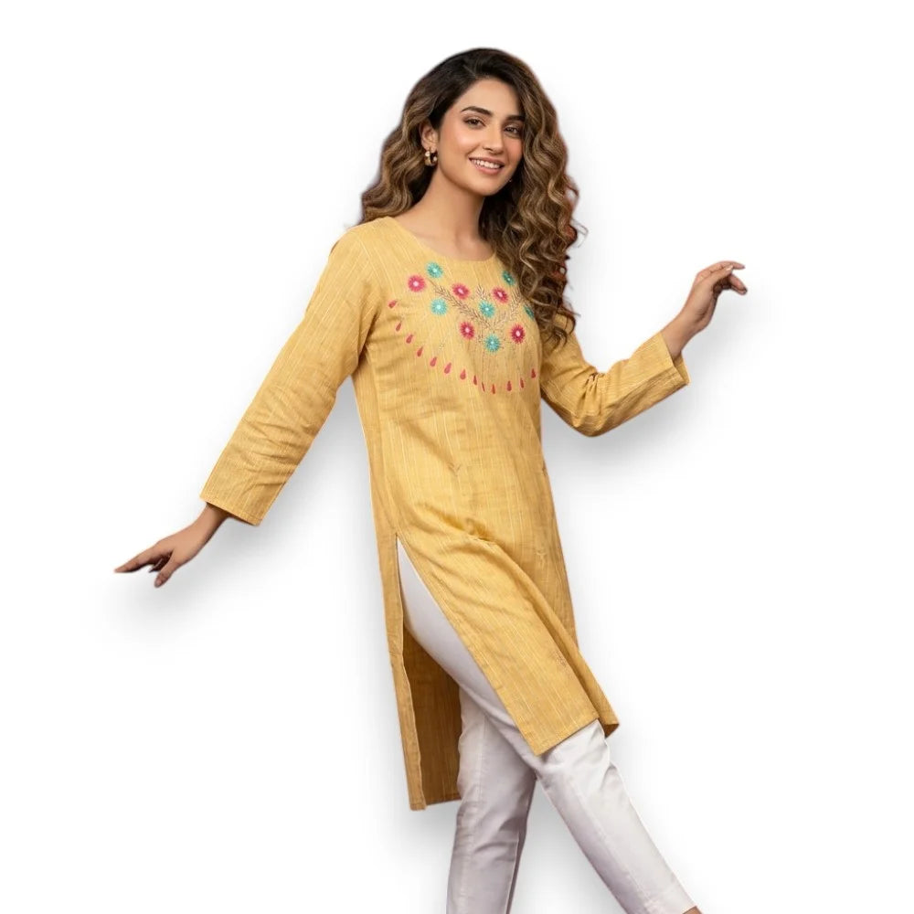 Floral Embroidered Cotton Kurthi Top - Size 42