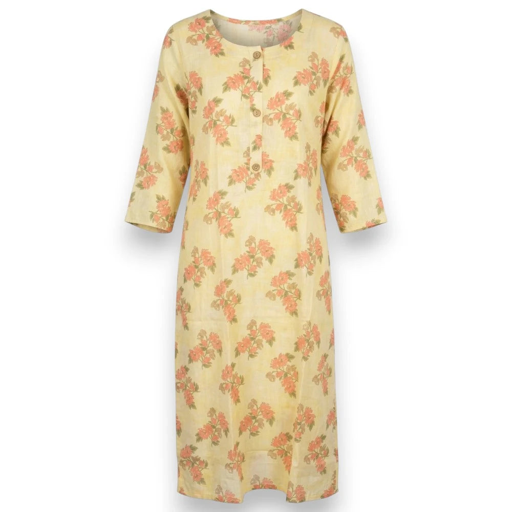 Yellow Floral Printed Cotton Kurthi Top - Size 42