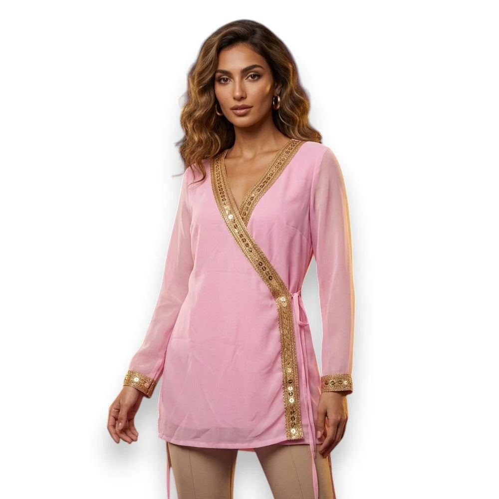 Short Pink Kurti with Gold Lace Border