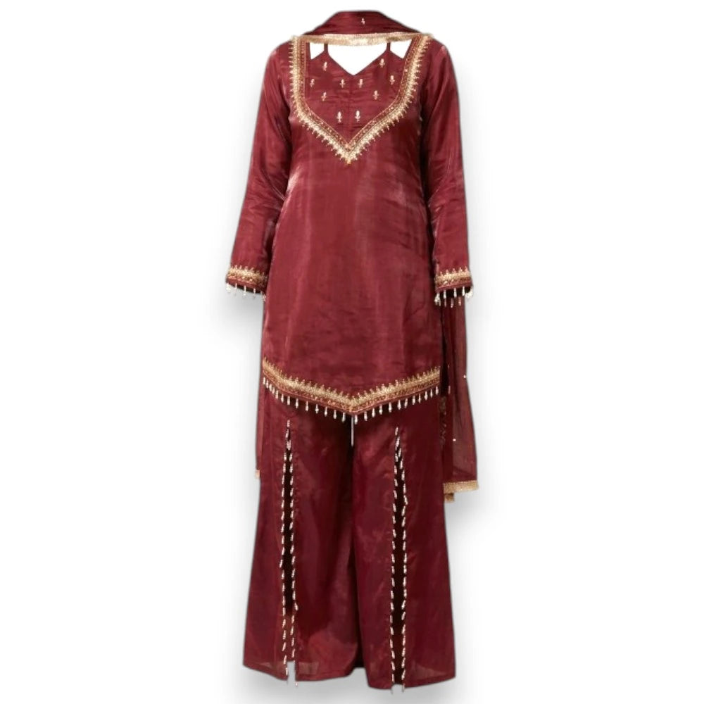 Maroon Silk Blend Pakistani Sharara Kurthi Set