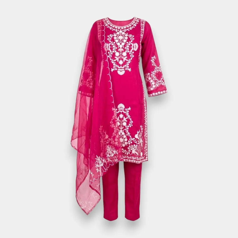 Net Fabric Kurti Set with Organza Shawl – Size L