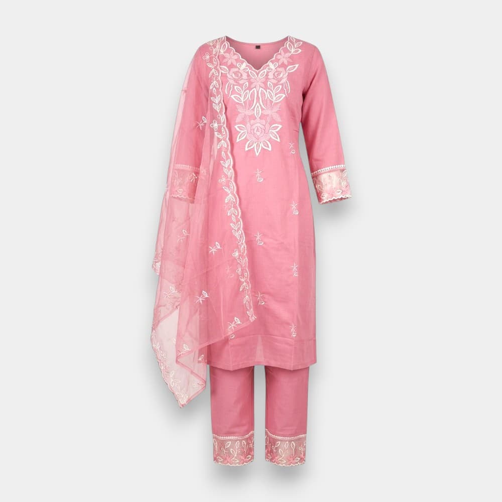 Cotton Kurta Set with Organza Shawl – Size XL
