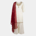Off-White Fendy Silk Kurti Set with Contrast Red Shawl