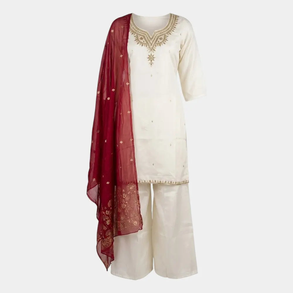 Off-White Fendy Silk Kurti Set with Contrast Red Shawl