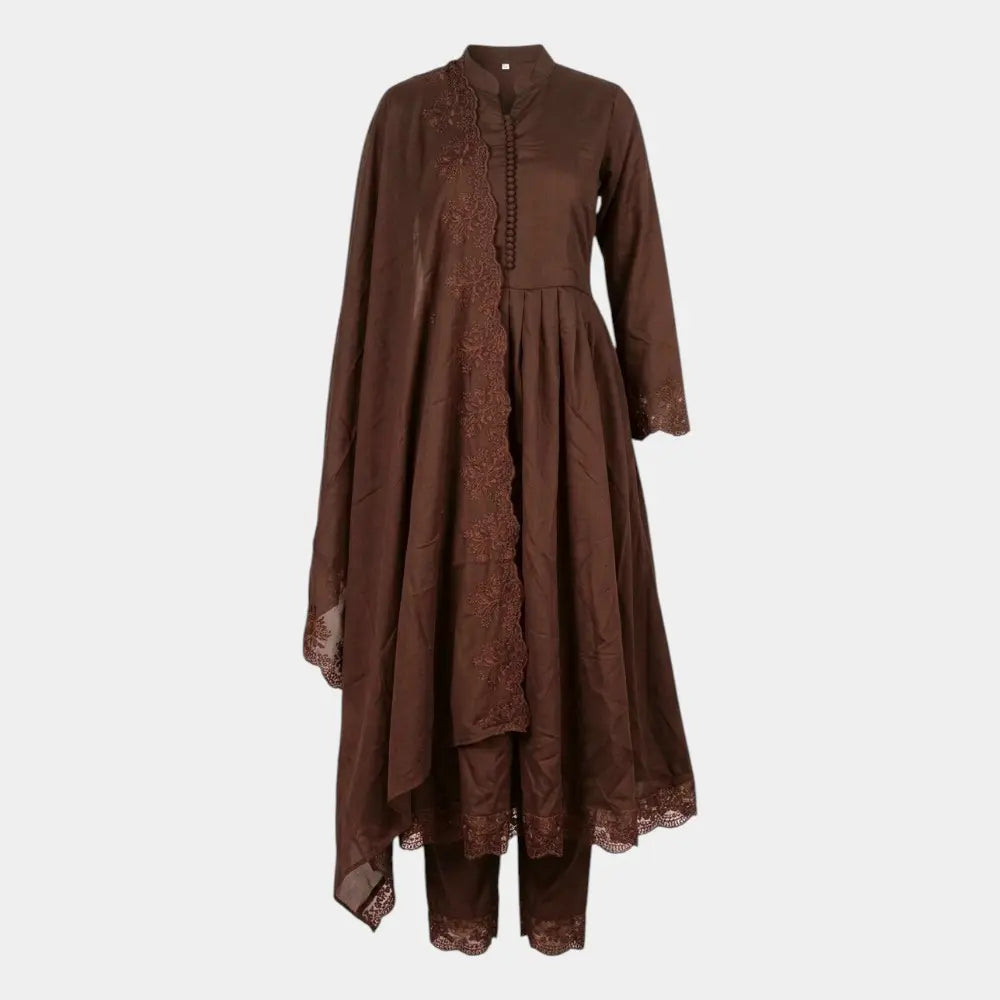 Chocolate Brown Cotton Gown Kurti 3-Piece Set - Size M