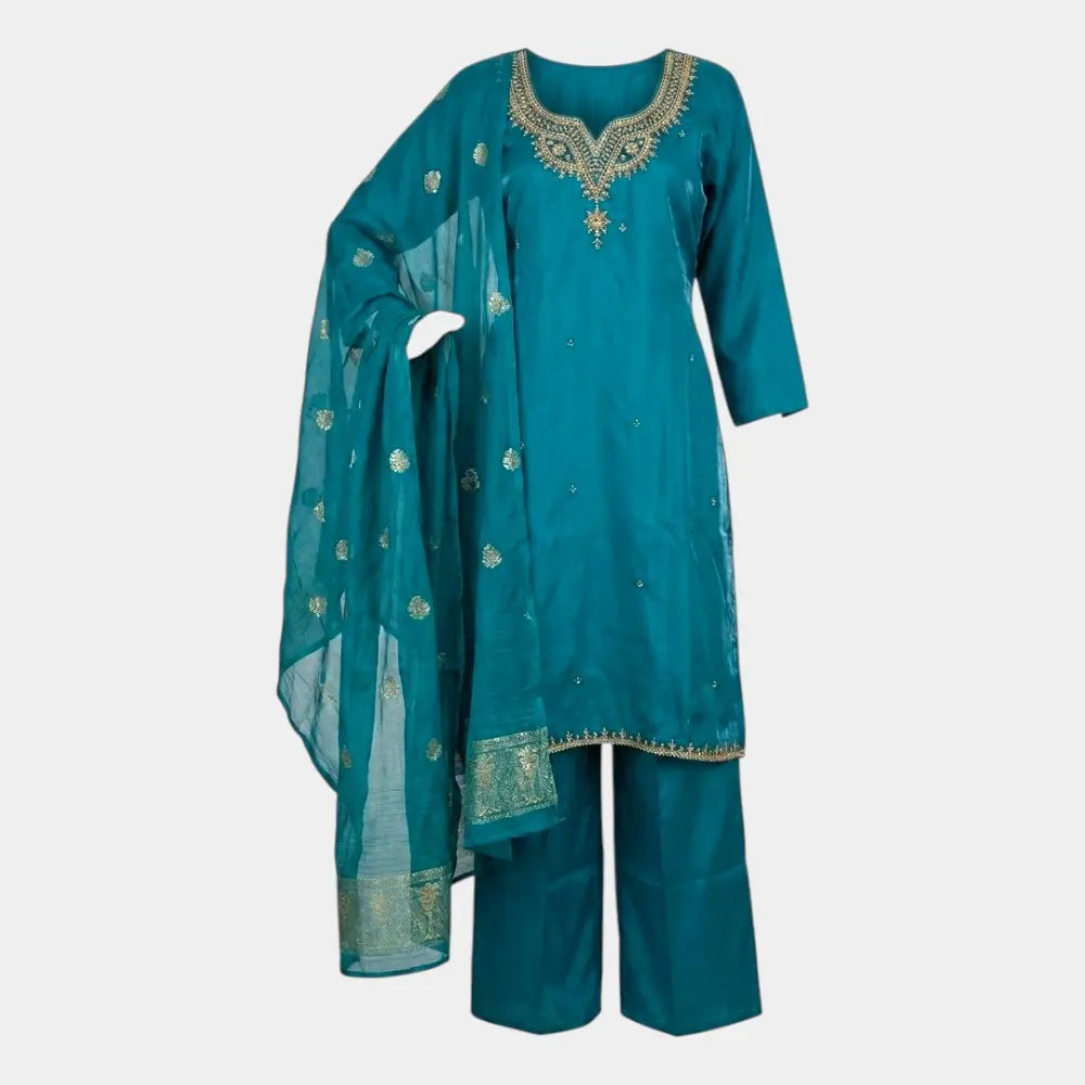 Elegant Teal Kurti Palazzo Set with Banarasi Border