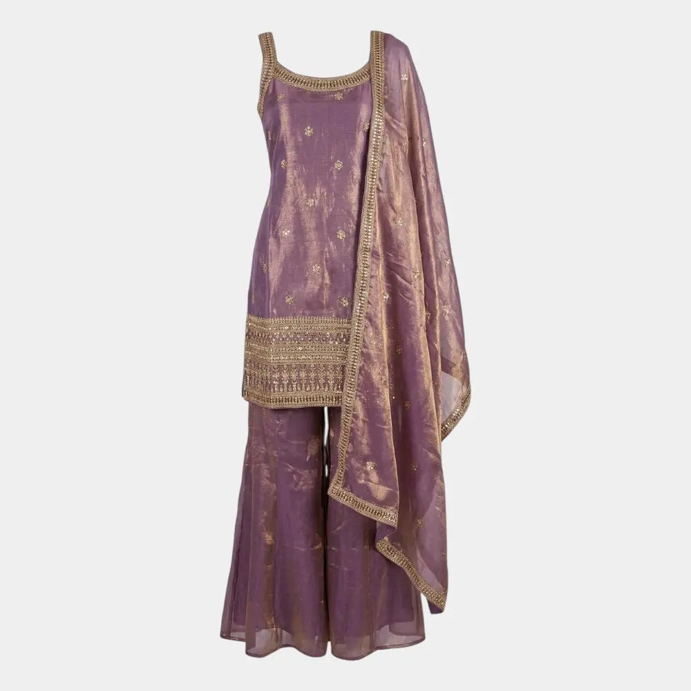 Lavender Shimmer Sleeveless Kurti Palazzo Set with Dupatta - Size L