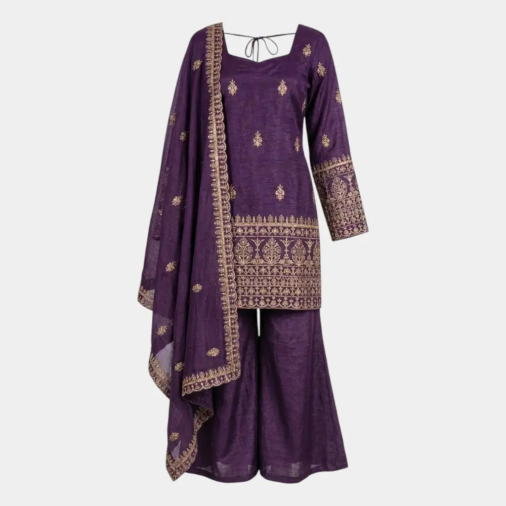 90s Wine Purple Kurti Set with Palazzo and Dupatta - Size L