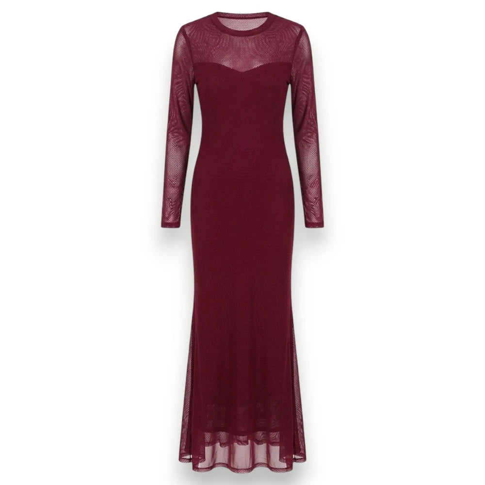 Maroon Sheer Back Mesh Long Dress - Size XS To L