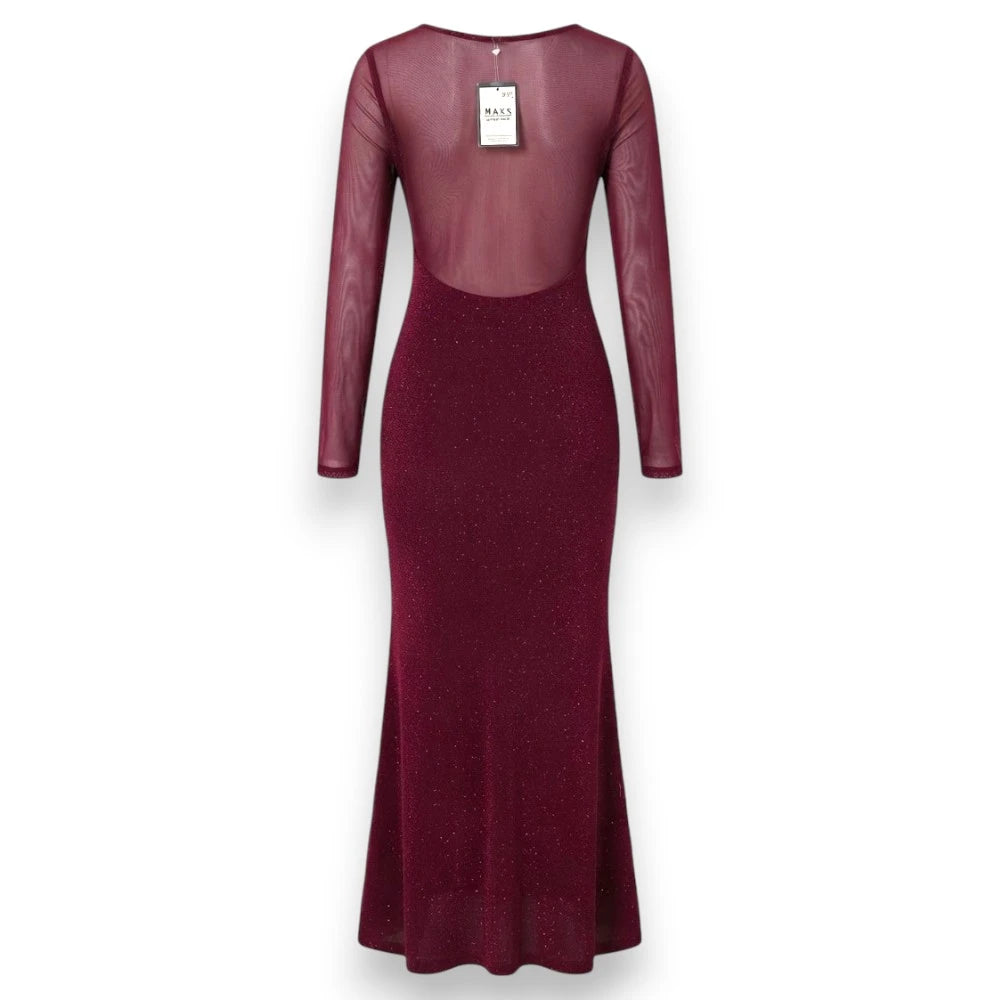 Maroon Sheer Back Mesh Long Dress - Size XS To L