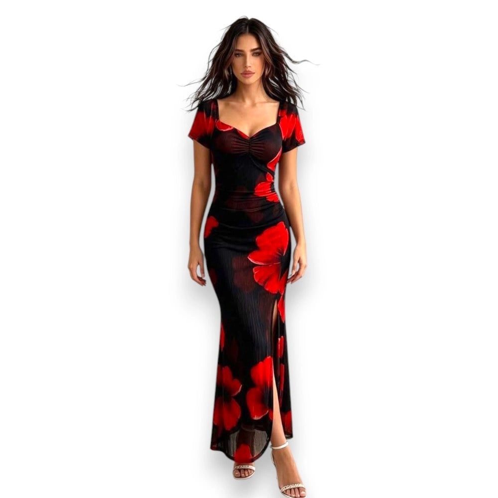 Black and Red Floral Dress with Side Slit - Size L