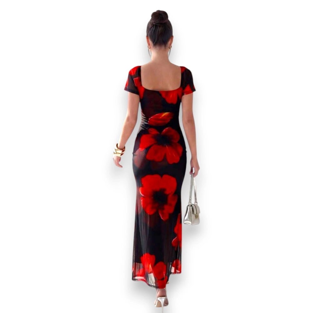Black and Red Floral Dress with Side Slit - Size L