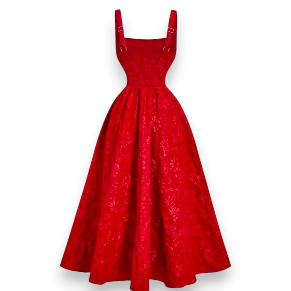 Red Smocked Square Neck Dress