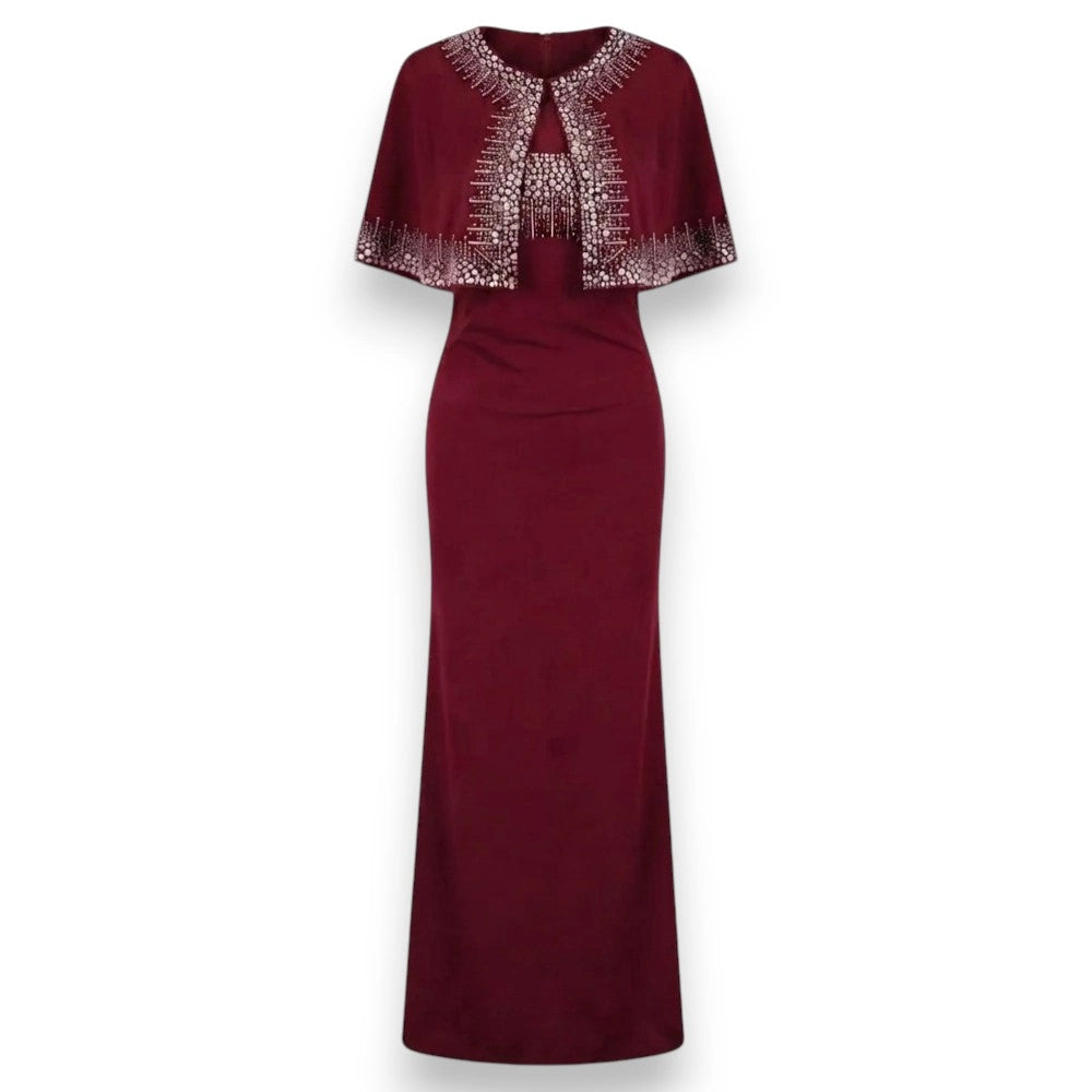 Elegant Maroon Beaded Capelet Overlay Dress - Size S To 1XL