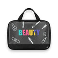A black cosmetic bag with a top handle, featuring the word 'BEAUTY' in colorful letters and white line drawings of makeup items on a white background.