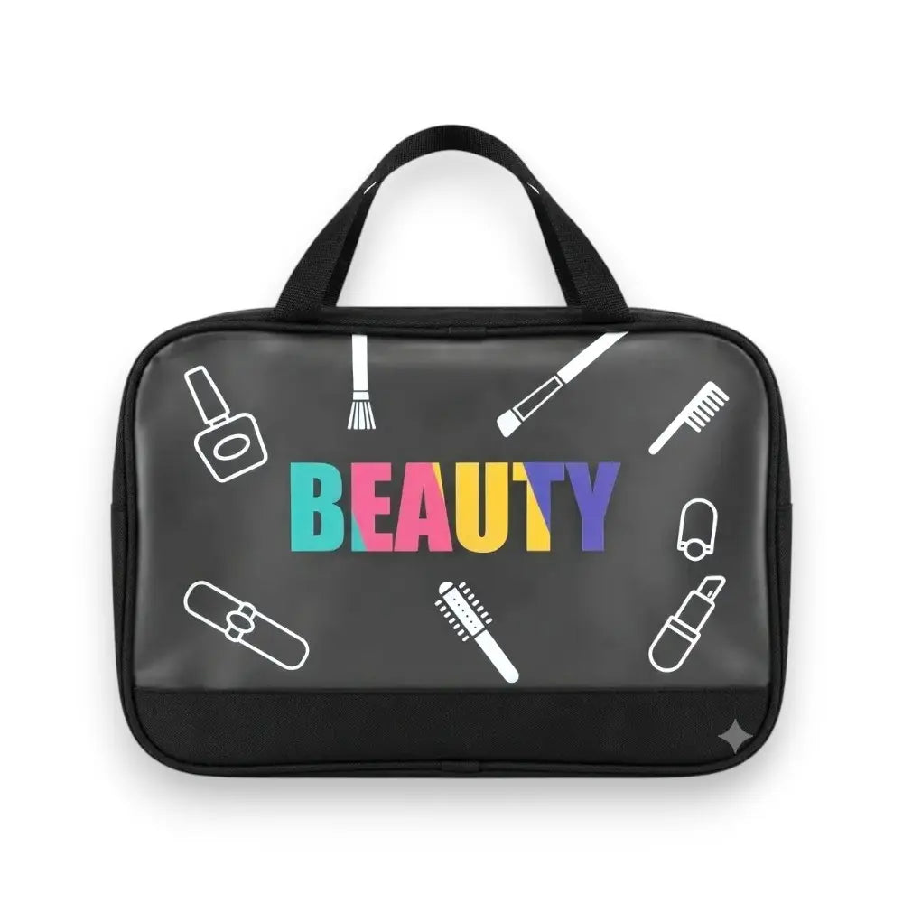 A black cosmetic bag with a top handle, featuring the word 'BEAUTY' in colorful letters and white line drawings of makeup items on a white background.