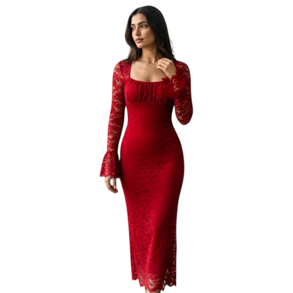 Elegant Red Floral Lace Long-Sleeve Dress