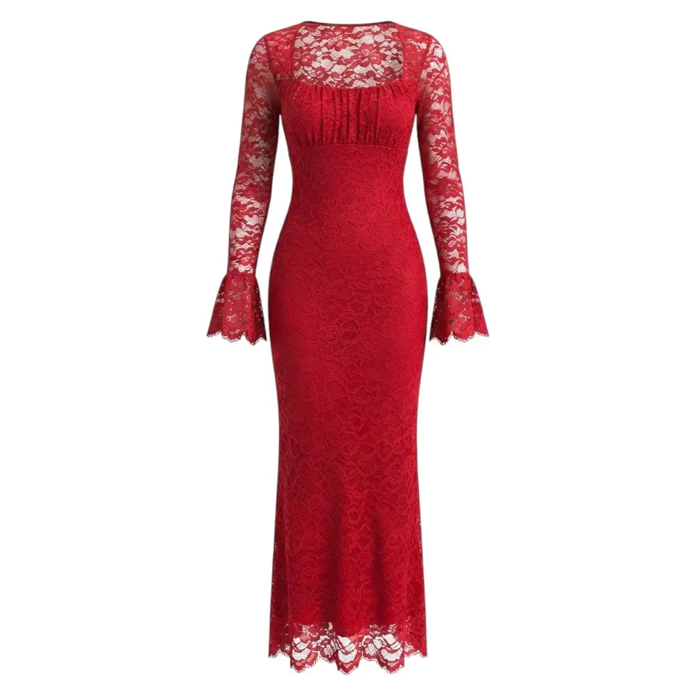 Elegant Red Floral Lace Long-Sleeve Dress