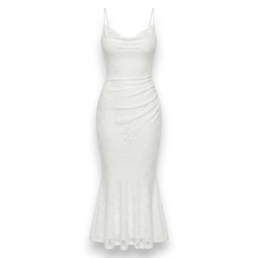 Elegant White Floral Lace Cowl Neck Dress