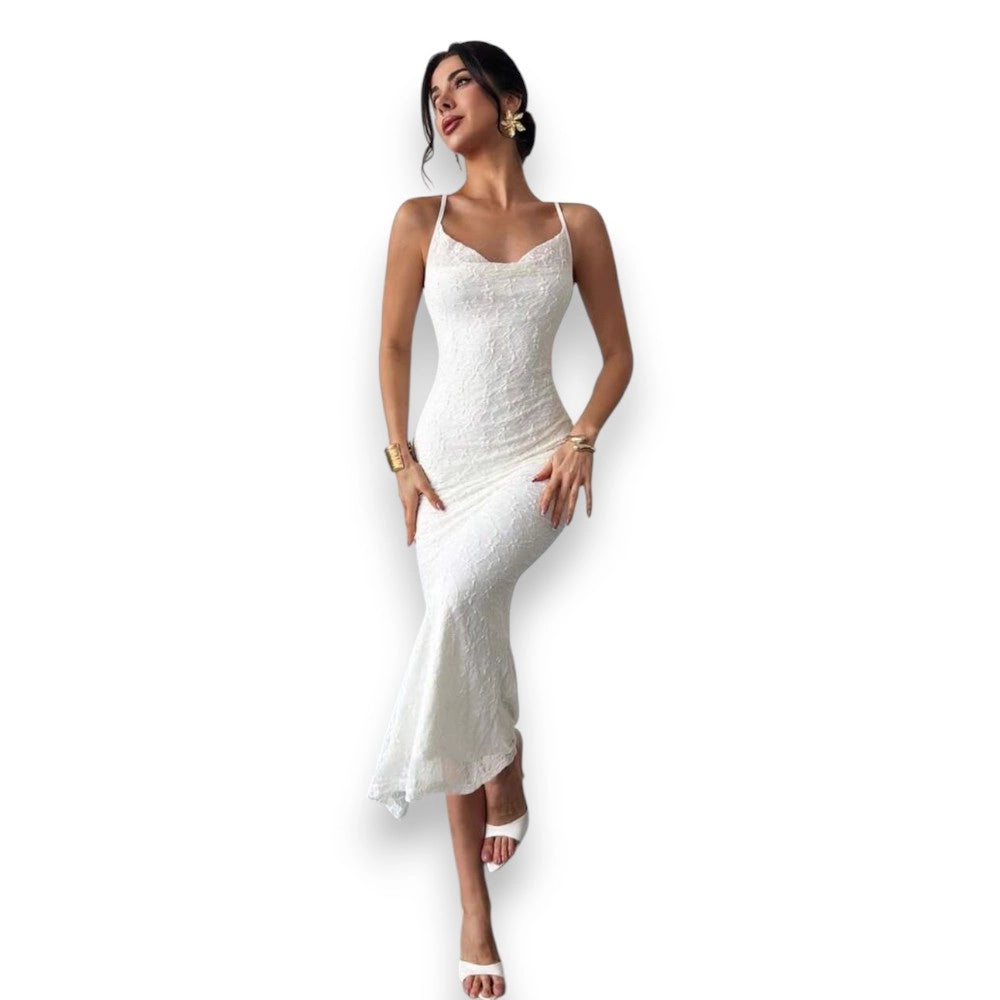 Elegant White Floral Lace Cowl Neck Dress