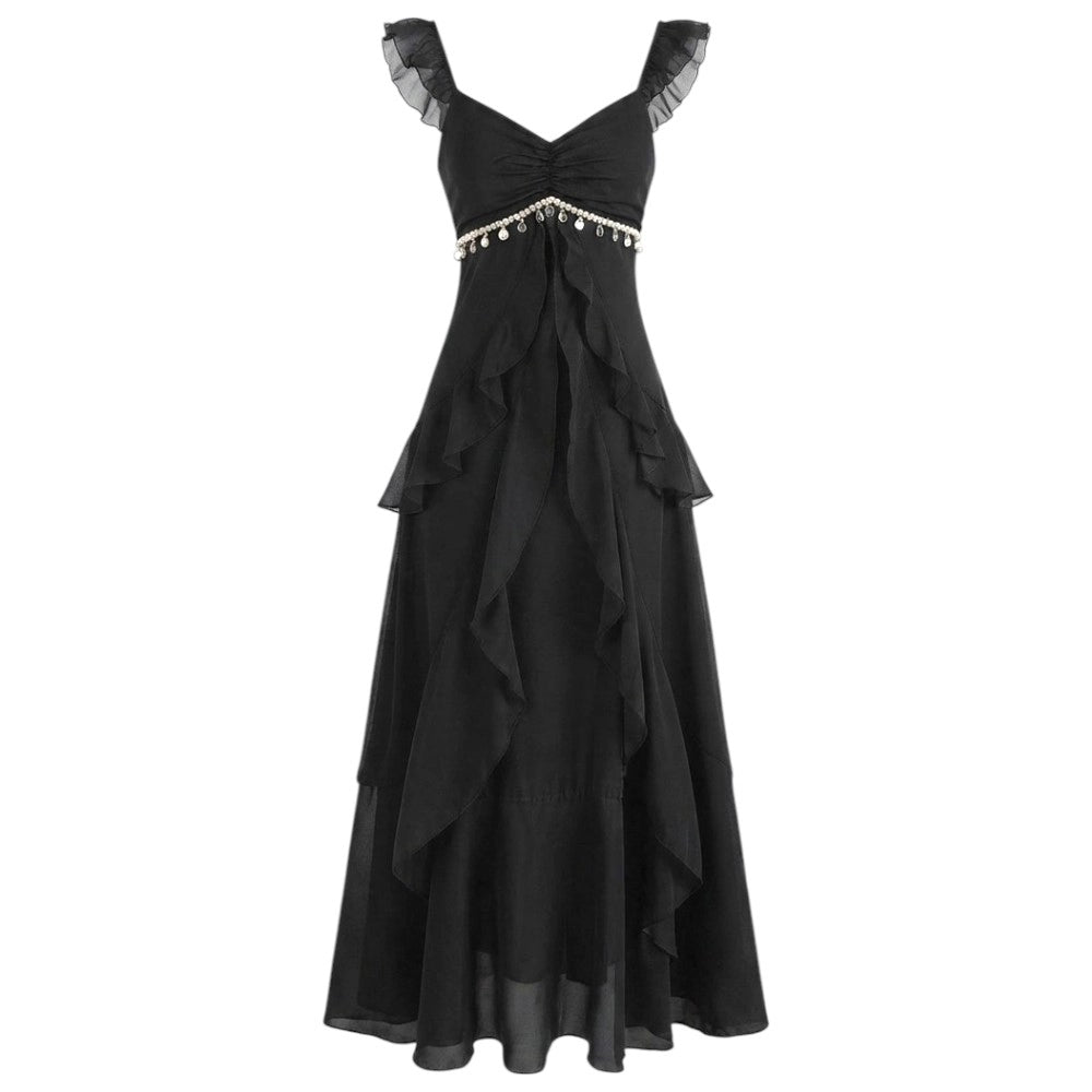 Elegance Noir Layered Chiffon One-Piece Dress