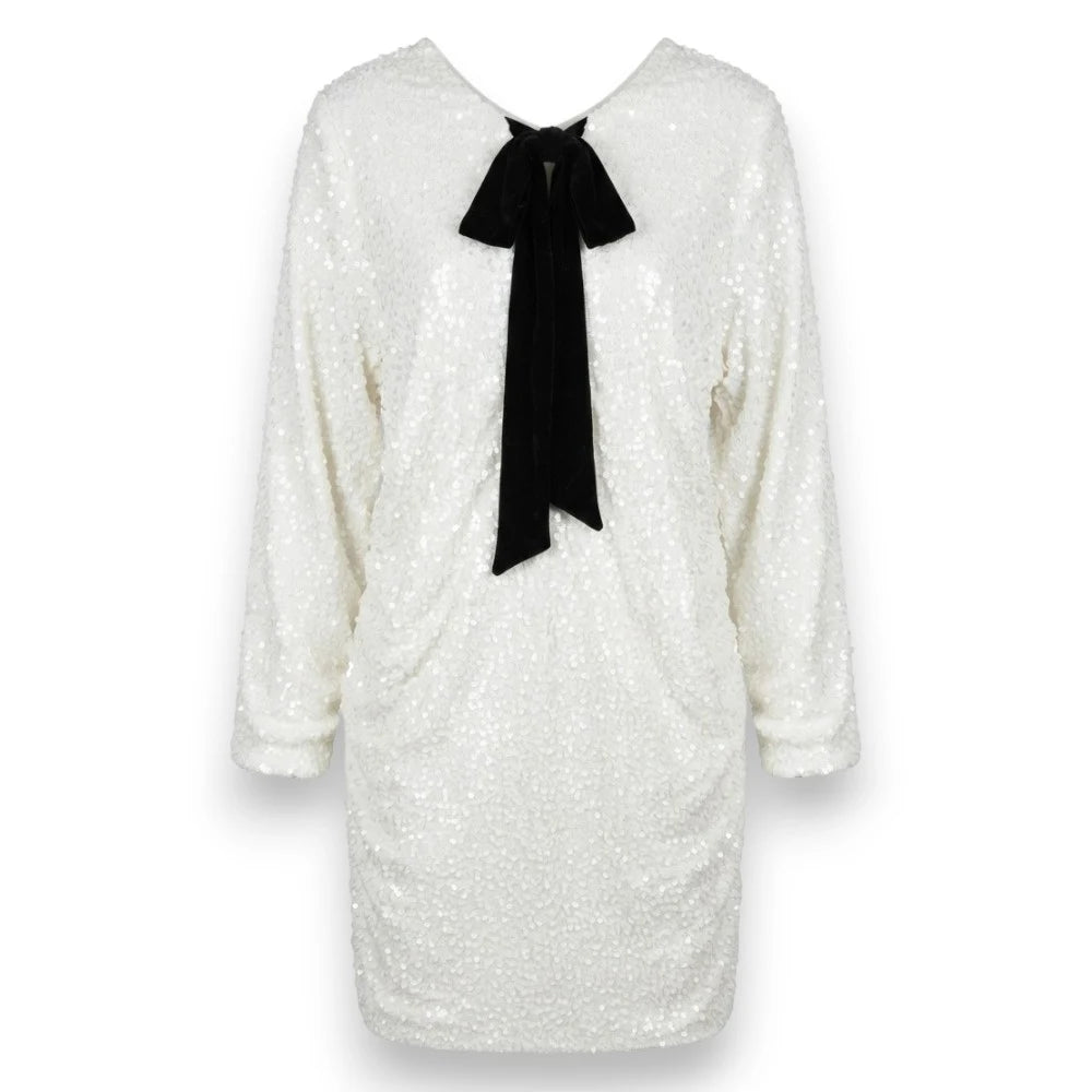 Elegant White Sequin Dress with Black Bow – Size 2XL to 3XL