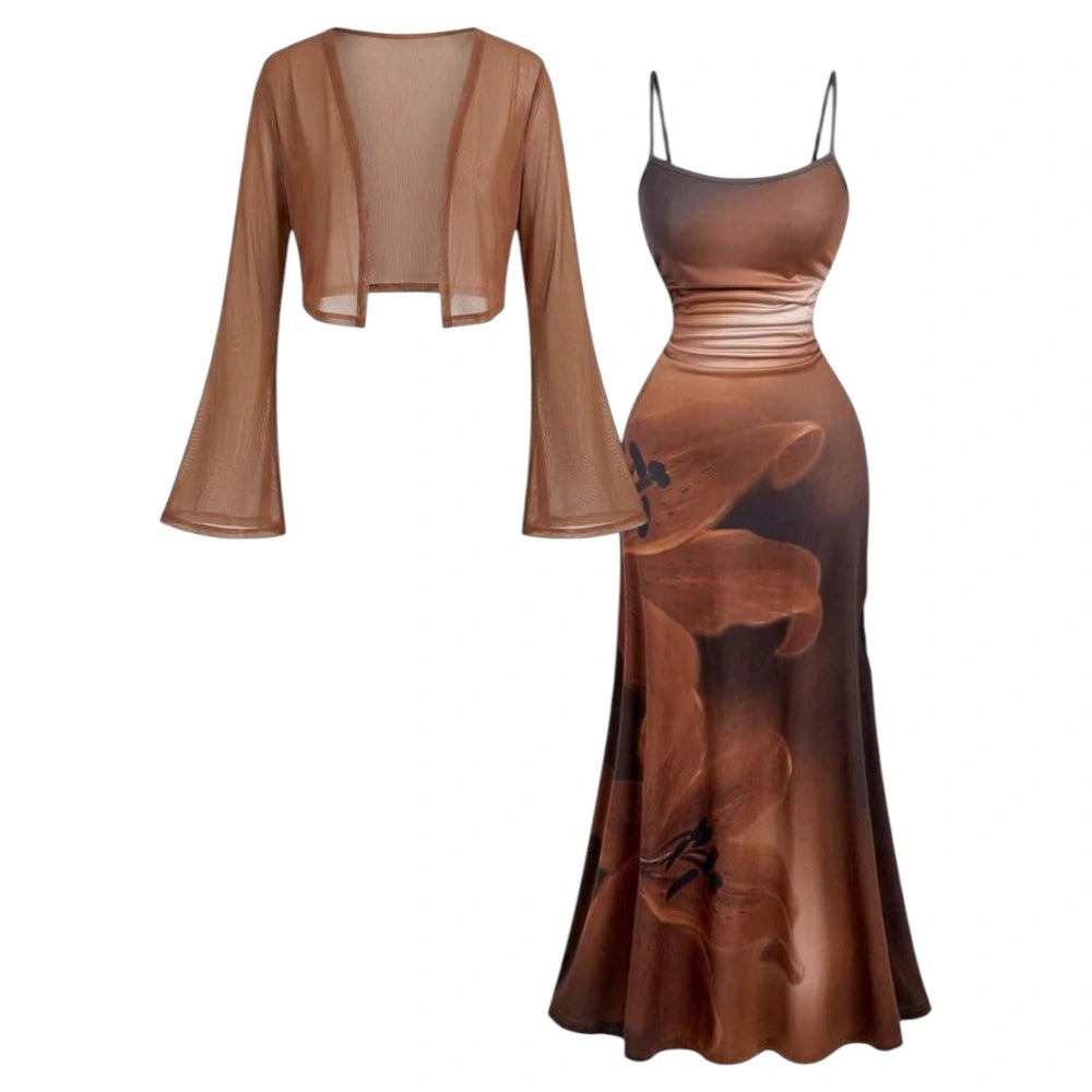 Floral Brown Bodycon Dress and Shrug Set
