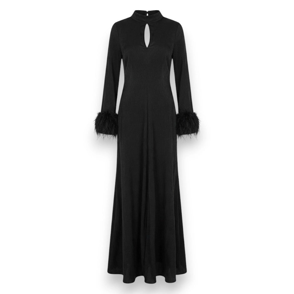 Black Mock Neck Dress with Feather Cuffs – Size S
