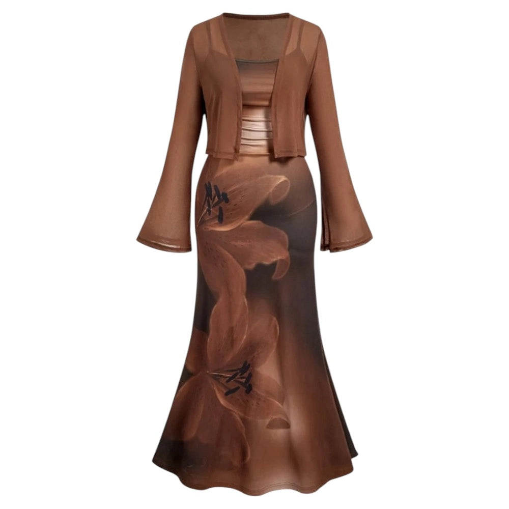 Floral Brown Bodycon Dress and Shrug Set