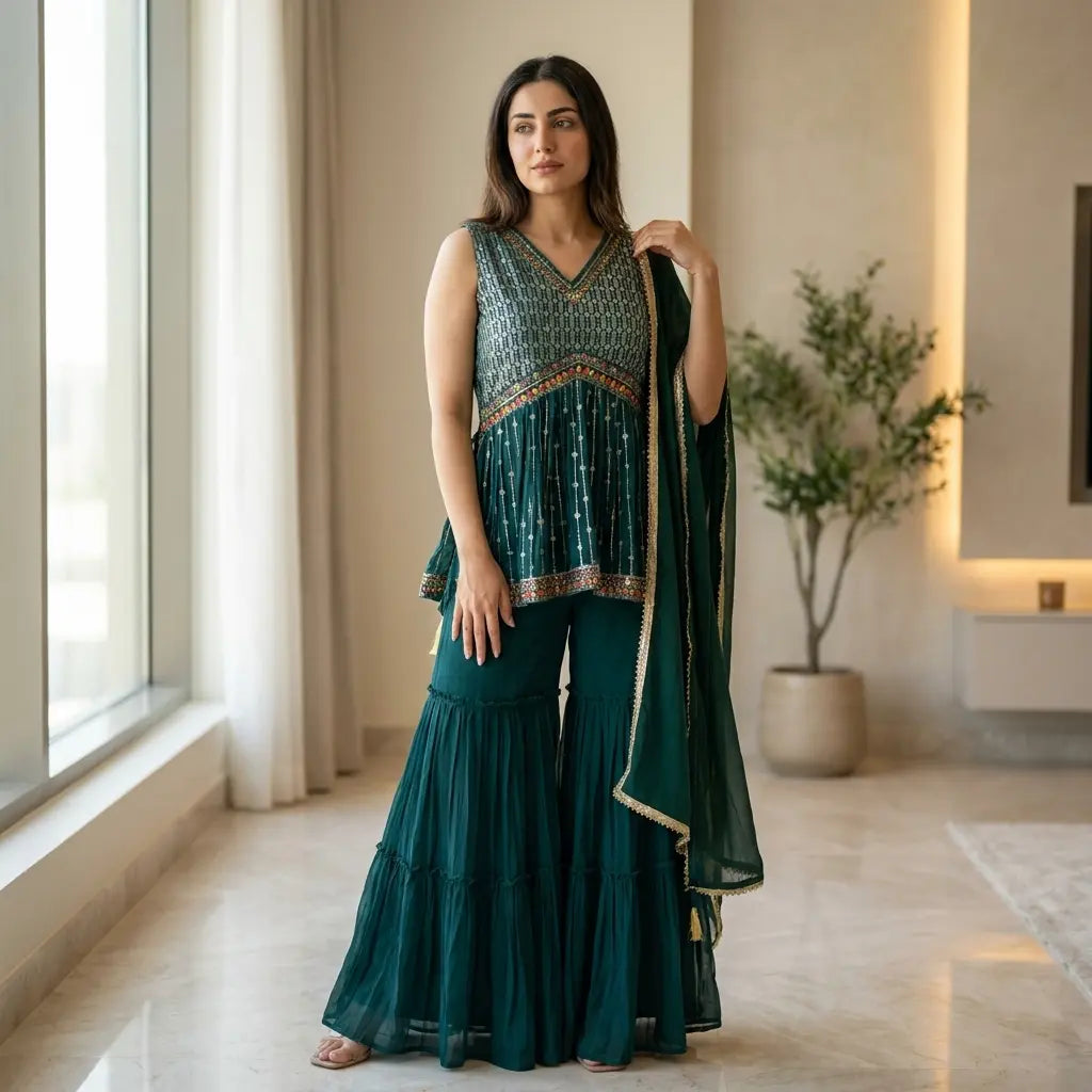 Sharara Kurta Set for Party Wear – Ladies Festive Ethnic Dress- Size L To XL
