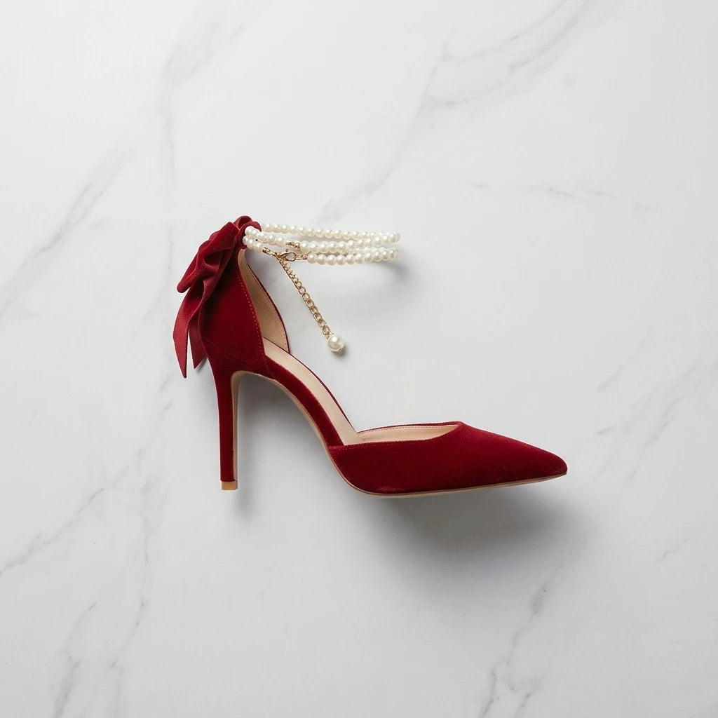 Velvet Red Bow Faux Pearl Bridal Stiletto Heels for Women – Wedding & Parties