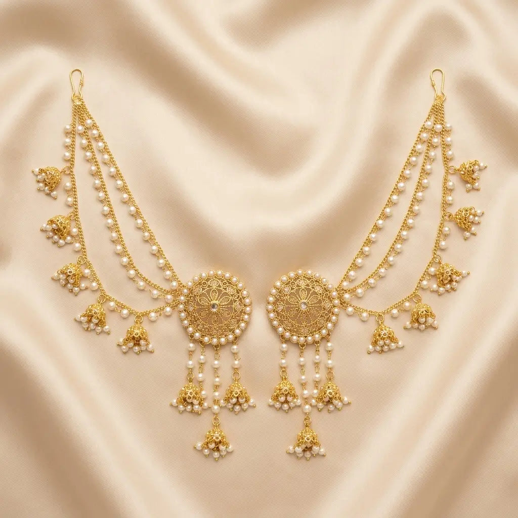 Bahubali Gold Pearl Chain Earrings
