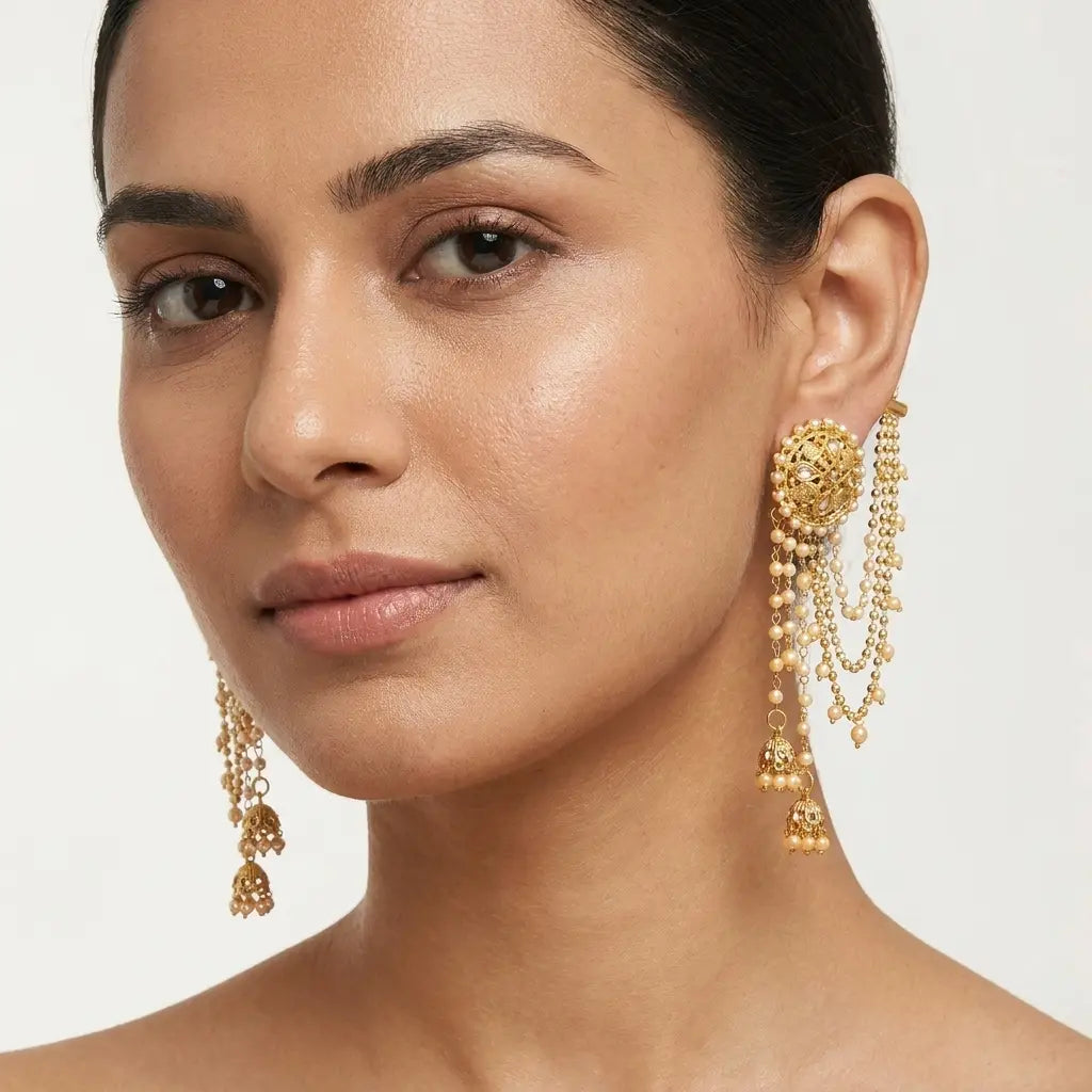 Bahubali Gold Pearl Chain Earrings