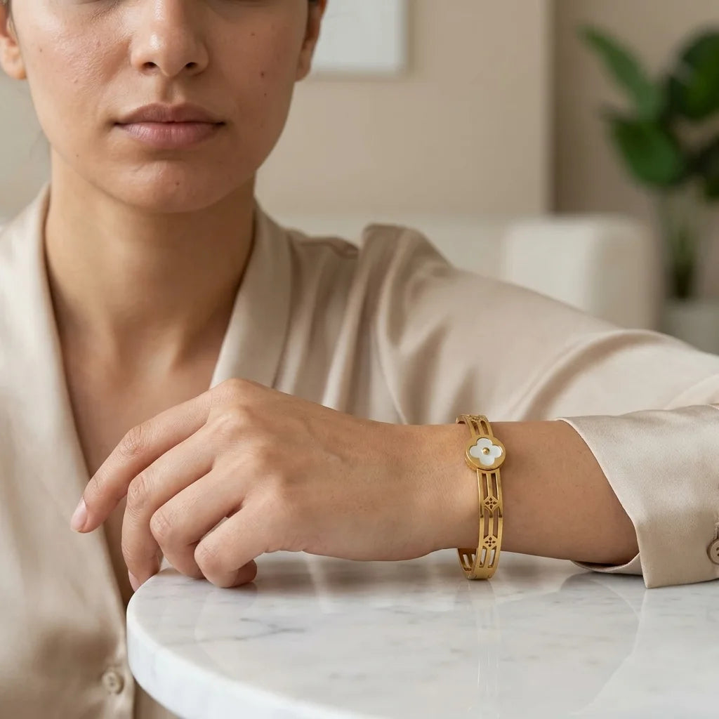 Floral Clover Motif Stainless Steel Bracelet