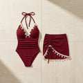 Seashell Trim Halter Swimsuit & Skirt Set