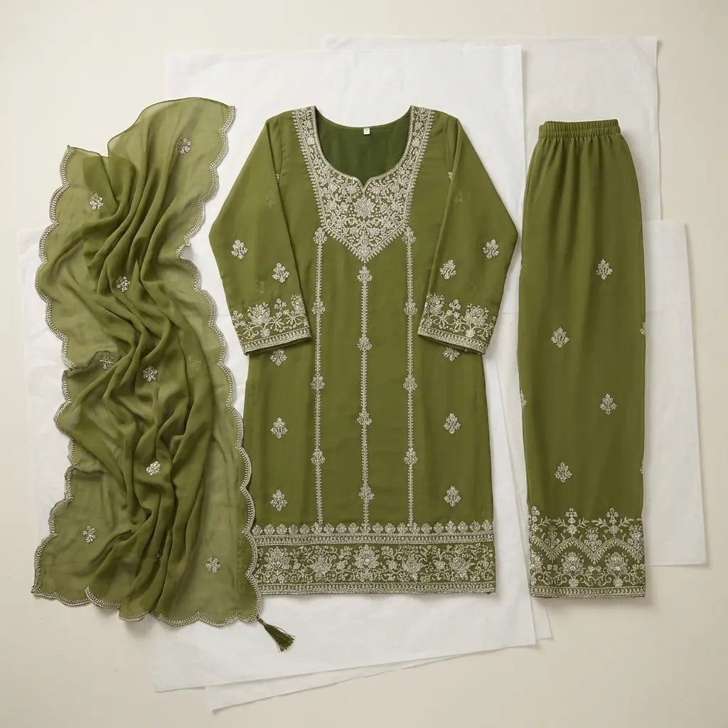 Olive Green Ethnic Kurta Palazzo & Embroidered Dupatta Set - Size 34"