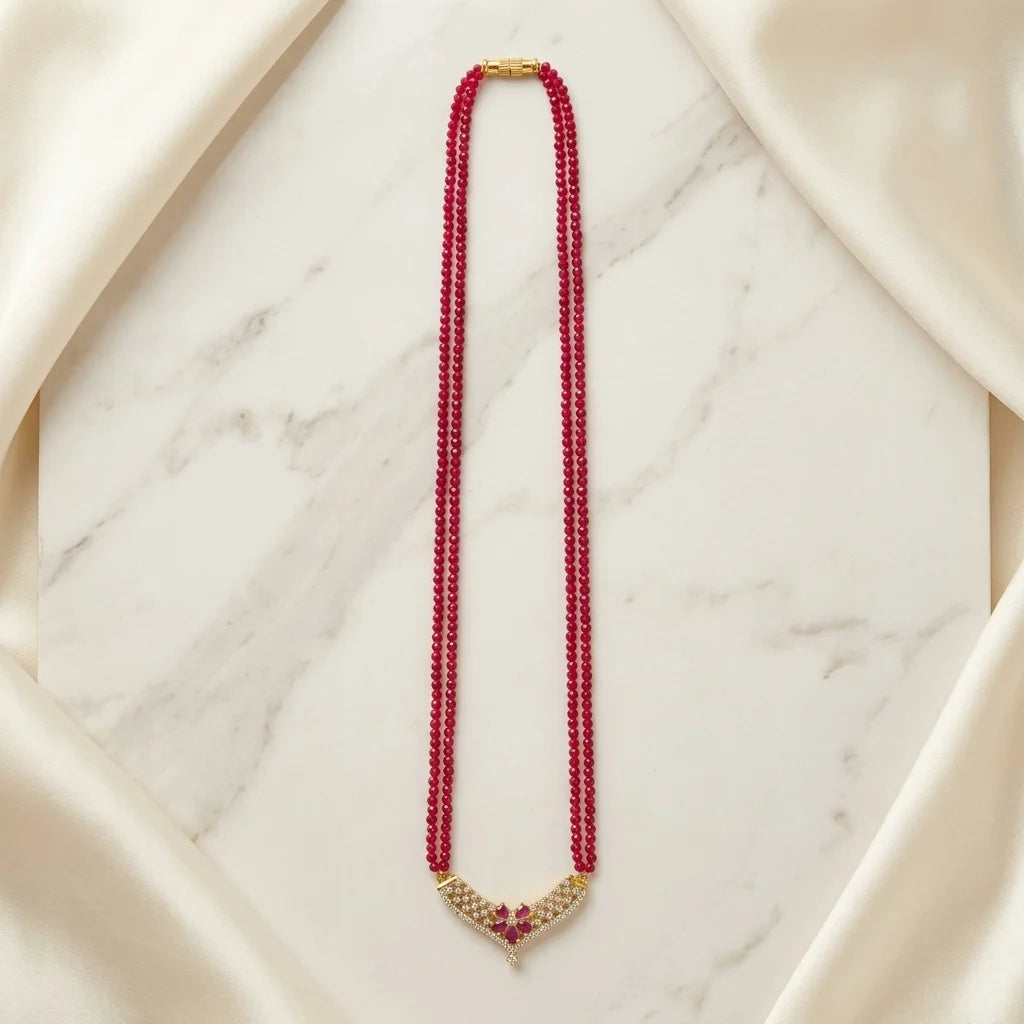 V-Shaped CZ Floral Pendant Mangalsutra