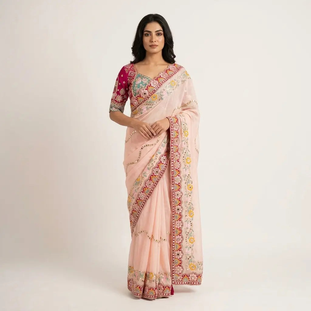 Floral  Soft Pink Rangoli Silk Saree with Real Mirror & Banglori Silk Corset Blouse (Size 40–42)