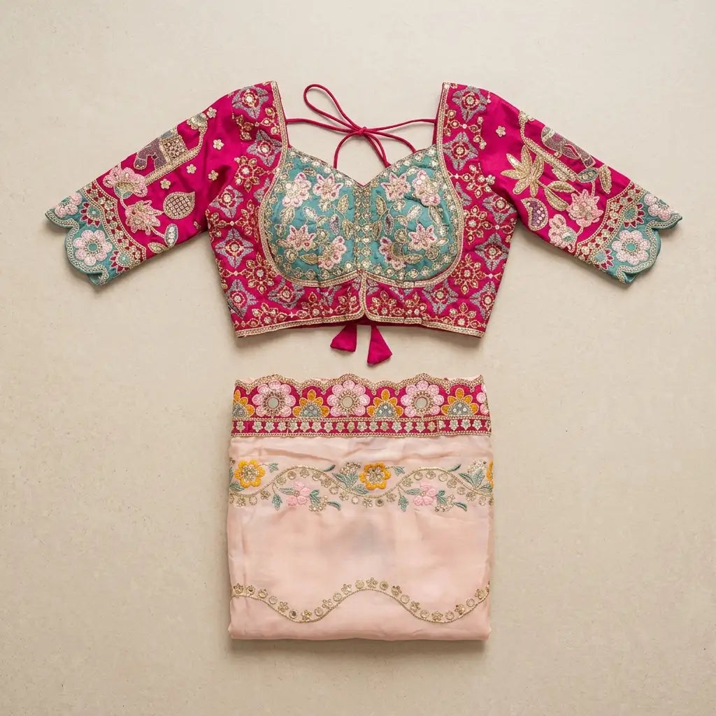Floral  Soft Pink Rangoli Silk Saree with Real Mirror & Banglori Silk Corset Blouse (Size 40–42)