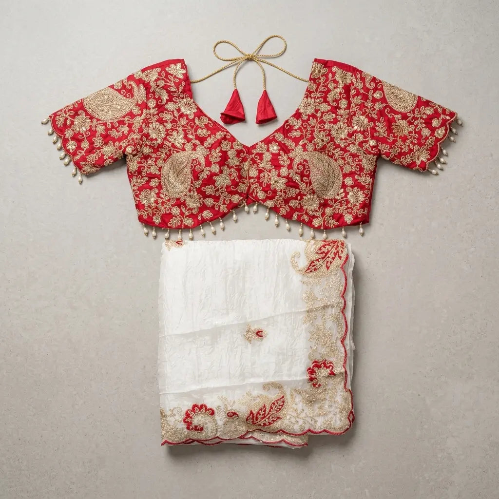 White Festive Saree with Red Embroidered Blouse